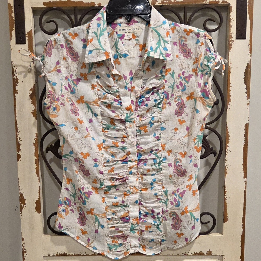 Tommy Jeans Womens Y2K Floral Paisley Ruffle Button Front Blouse Top Large 2005